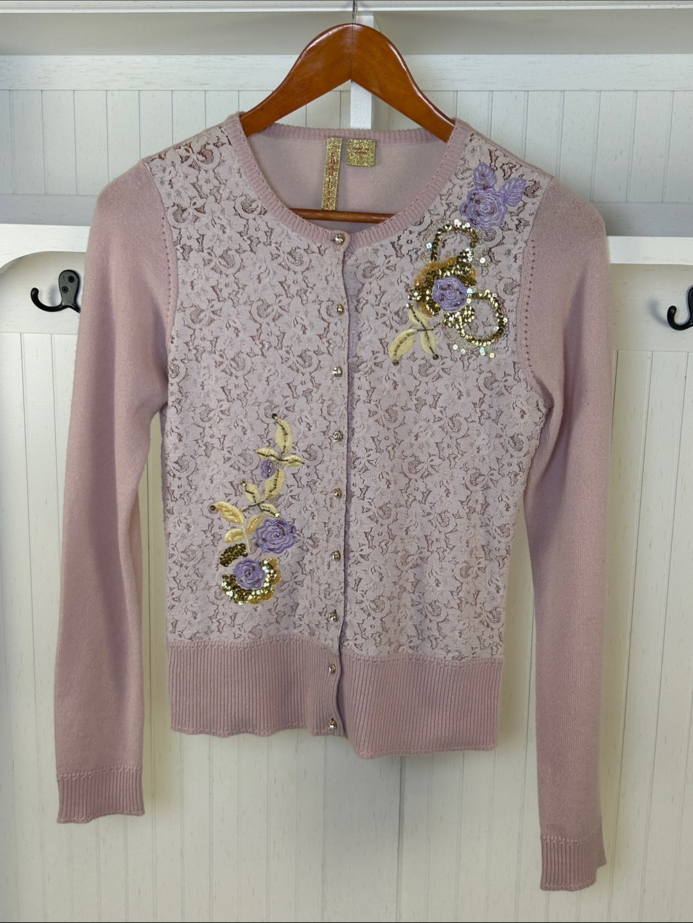 Charlotte 100% Cashmere Lavender Floral Beaded Cardigan Small